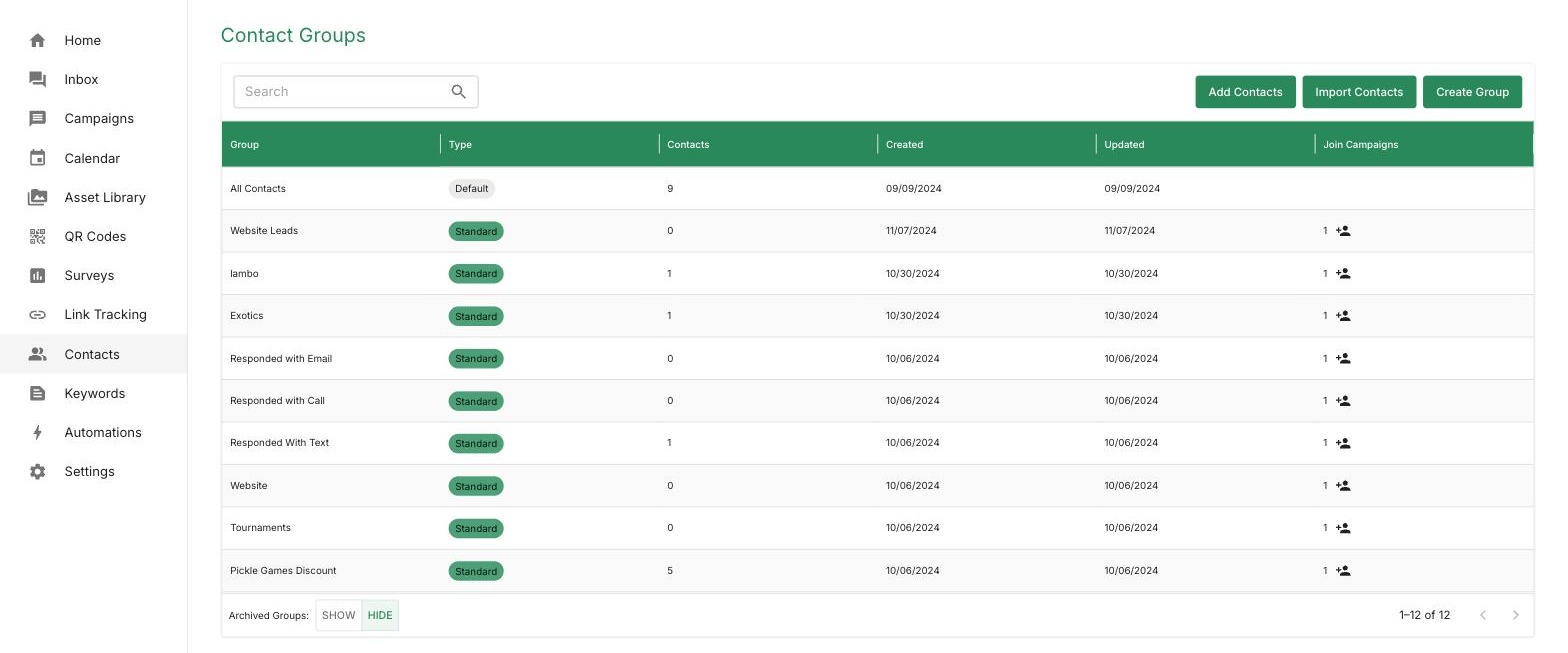TextPickle contact groups table — group names, types, contact counts, and campaign assignments.