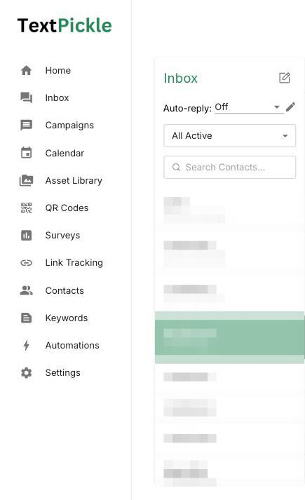 TextPickle shared inbox — a scrollable list of active conversations with search and auto-reply controls.